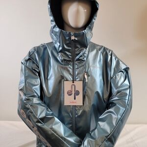 Metallic Teal Hooded Rain Jacket